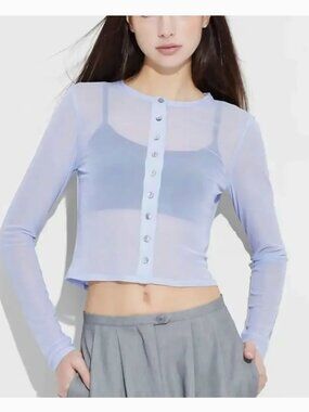Wild Fable Light Perwinkle Blue Sheer Cropped Button Cardigan Top Size Medium